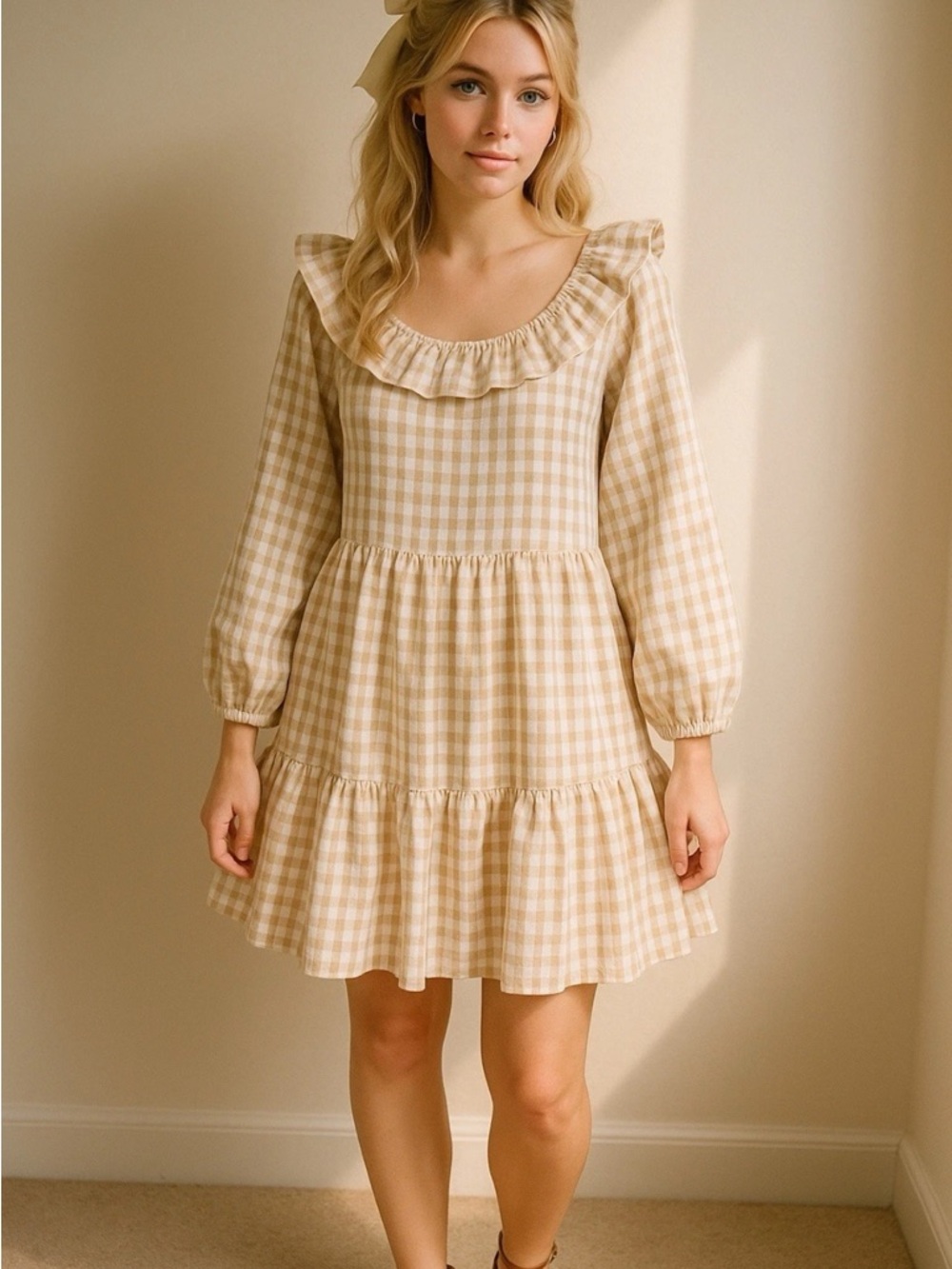 J. Crew Women's Sz 14 Tan White Gingham Ruffled Tiered Mini Dress Cottagecore